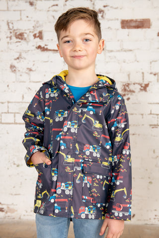 Lighthouse Kids Anchor Waterproof Jacket With All Over Digger And Lorry Print-NAVY - Borderland Muff