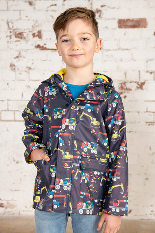 Lighthouse Kids Anchor Waterproof Jacket With All Over Digger And Lorry Print-NAVY