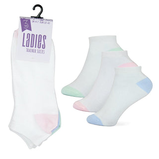 Ladies 3 Pack White Trainer Socks With Contrast Heel & Toe - Borderland Muff