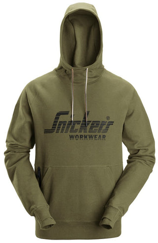 Snickers Men's Logo Work Hoody in Khaki with Kangaroo Pocket and Thumb Grips – Ideal for Irish Tradesmen