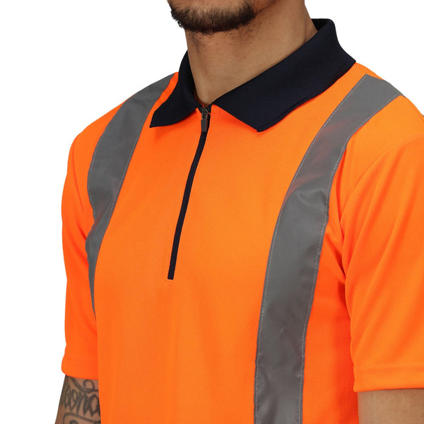 Regatta Men's Hi Vis Short Sleeve Wicking 2 Tone Zip Neck Polo-HIVIZ ORANVY - Borderland Muff