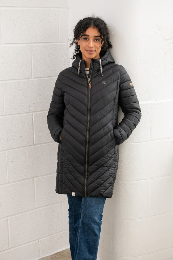 Lighthouse Ladies Water Repellent Insulated Hooded Laurel Mid Length Coat-BLACK - Borderland Muff