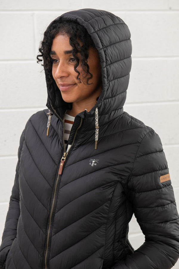 Lighthouse Ladies Water Repellent Insulated Hooded Laurel Mid Length Coat-BLACK - Borderland Muff