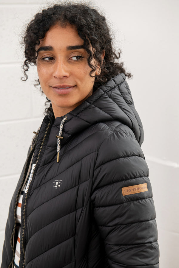 Lighthouse Ladies Water Repellent Insulated Hooded Laurel Mid Length Coat-BLACK - Borderland Muff