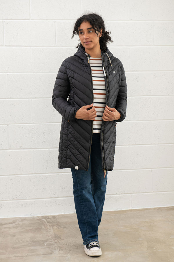 Lighthouse Ladies Water Repellent Insulated Hooded Laurel Mid Length Coat-BLACK - Borderland Muff