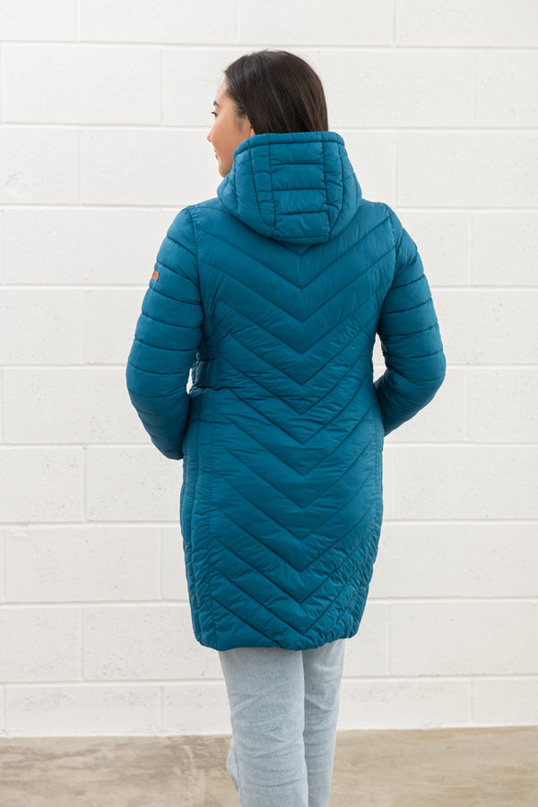 Lighthouse Ladies Water Repellent Insulated Hooded Laurel Mid Length Coat-TEAL - Borderland Muff