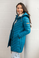 Lighthouse Ladies Water Repellent Insulated Hooded Laurel Mid Length Coat-TEAL - Borderland Muff