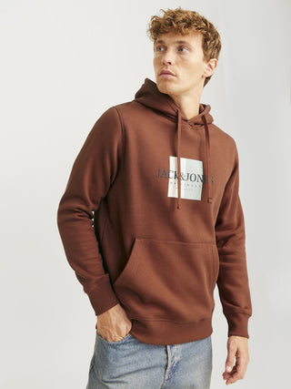 Jack & Jones Mens Fredrisksberg Box Overhead Regular Fit Hoody-BROWN - Borderland Muff