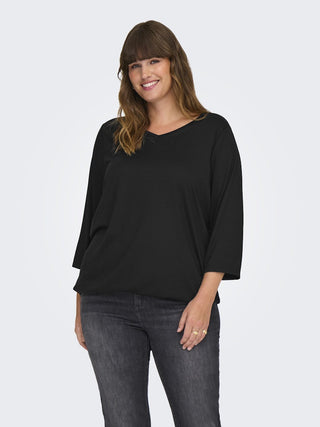 Only Carmakoma Ladies Carlinne V-Neck 3/4 Plus Size Regular Fit Top-BLACK - Borderland Muff