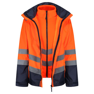 Regatta Mens Pro Hi Vis 3 In 1 Waterproof Breathable Windproof Work Jacket-HIVIZ ORANVY - Borderland Muff