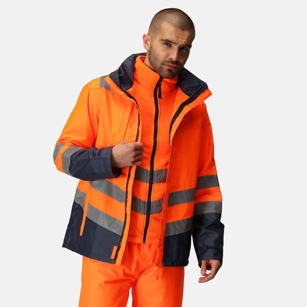 Regatta Mens Pro Hi Vis 3 In 1 Waterproof Breathable Windproof Work Jacket-HIVIZ ORANVY - Borderland Muff