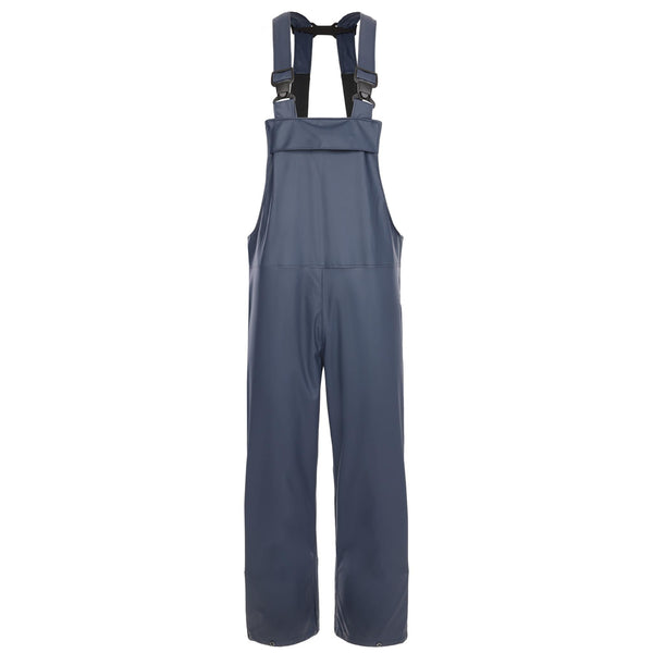 Navy waterproof bib overalls on a white background