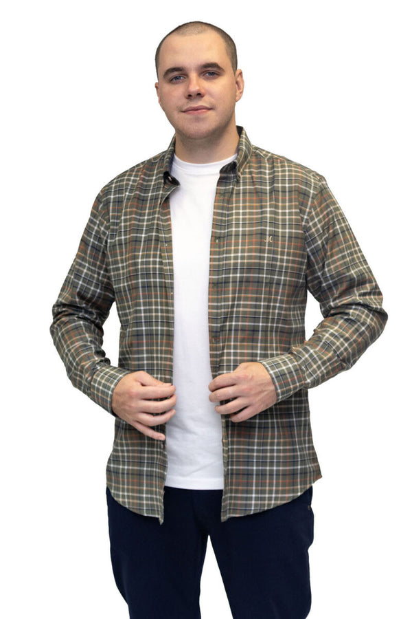 Mineral Men’s Justin Check Shirt open in green – smart casual long sleeve shirt with logo embroidery