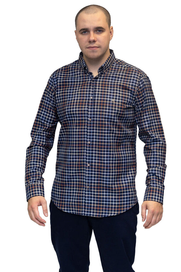 Mineral Men’s Justin Check Shirt in navy – cotton rich long sleeve with button-down collar