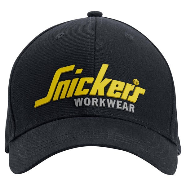 Snickers Workwear Logo Baseball Cap in Black and Yellow – adjustable strap, pre-curved visor, and ventilation holes