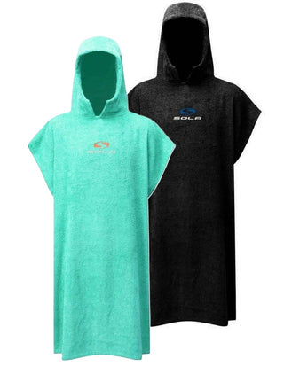 Two hooded SOLA ponchos, one green and one black, on a white background.