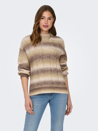 JDY Ulla Long Sleeve High Neck Cable Knit Pullover-TAPIOCA
