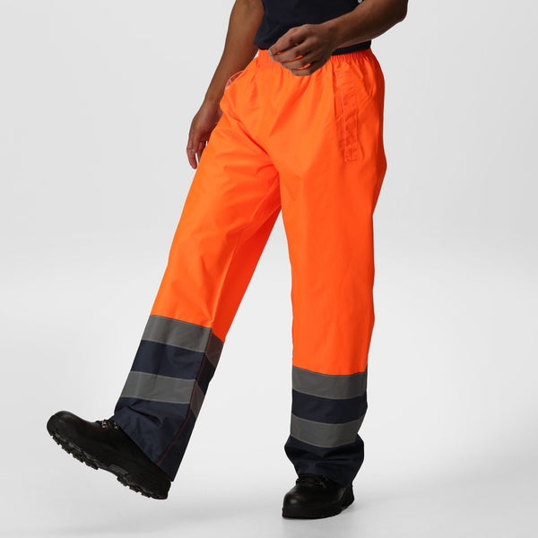 Regatta Pro Hi Vis Waterproof Breathable Windproof Overtrousers-HIVIZ ORANVY - Borderland Muff