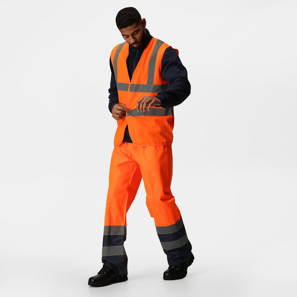 Regatta Pro Hi Vis Waterproof Breathable Windproof Overtrousers-HIVIZ ORANVY - Borderland Muff