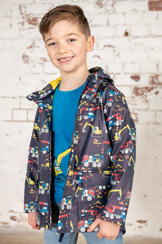 Lighthouse Kids Anchor Waterproof Jacket With All Over Digger And Lorry Print-NAVY - Borderland Muff