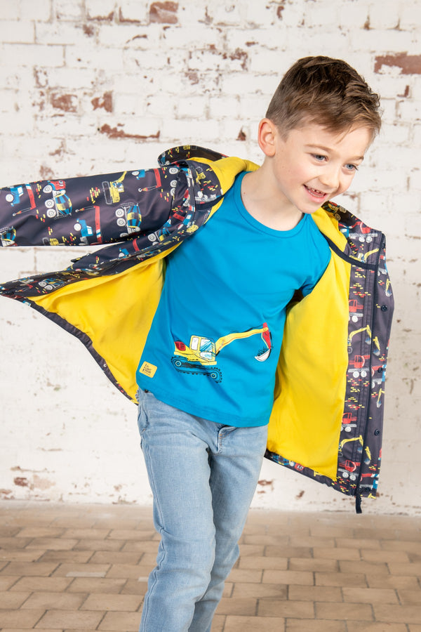 Lighthouse Kids Anchor Waterproof Jacket With All Over Digger And Lorry Print-NAVY - Borderland Muff