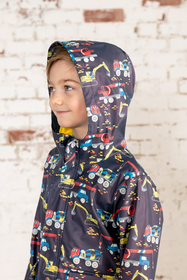 Lighthouse Kids Anchor Waterproof Jacket With All Over Digger And Lorry Print-NAVY - Borderland Muff