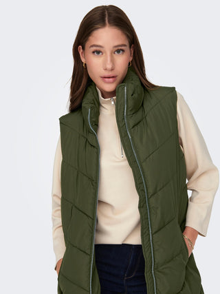 JDY Finno Ladies Long Padded Bodywarmer-FOREST GREEN