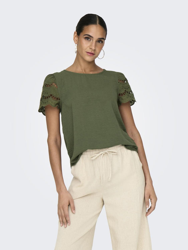 JDY Hannah Short Sleeve Top With Lace Detail-LICHEN