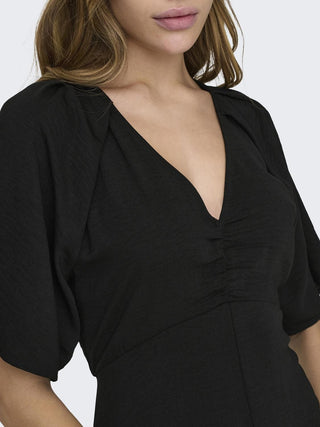 JDY Divya Ladies Short Sleeve Pleated Dress  Main fabric: 51% Recycled Polyester, 49% Polyester Hidden side zip fastening, Button fastening Regular Fi-BLACK
