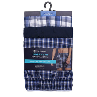 Buy blue Tom Franks Mens 3 Pack Woven Check Boxer Shorts