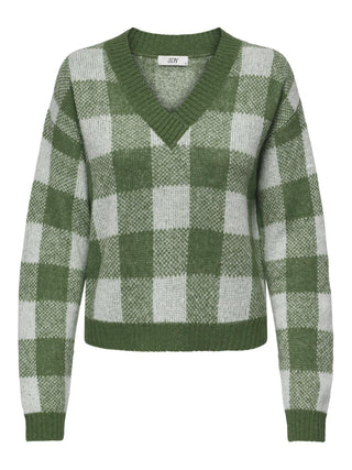 JDY Ladies Autumn V-Neck Check Pattern Pullover-MOSS