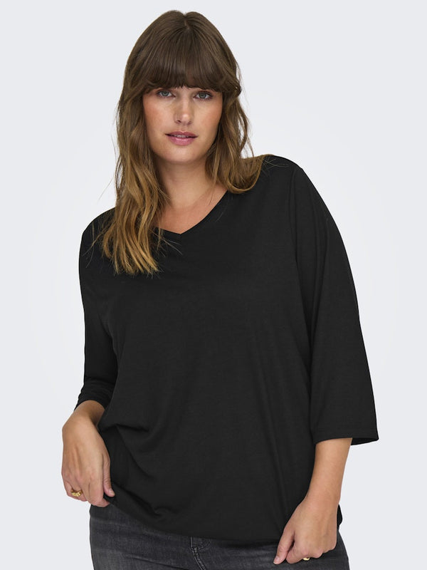 Only Carmakoma Ladies Carlinne V-Neck 3/4 Plus Size Regular Fit Top-BLACK