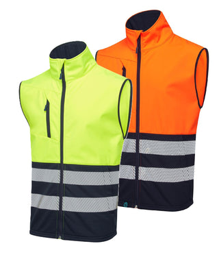 Hi Vis Eco Coolair Softshell Gilet in Orange or Yellow with zip pockets and reflective tape – sustainable workwear for construction and logistics