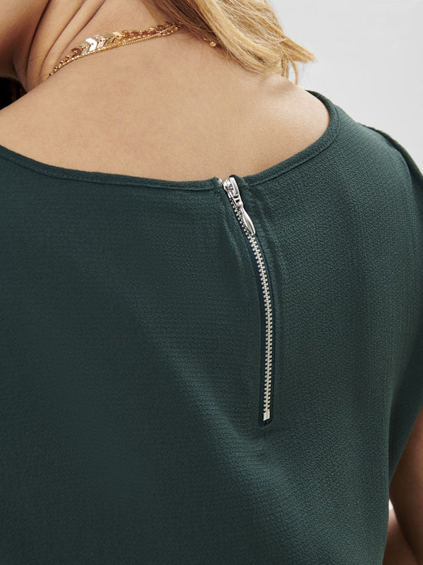 ONLY ONLVIC Women's Short Sleeve Solid Top | Recycled Fabric Zip-Back Blouse