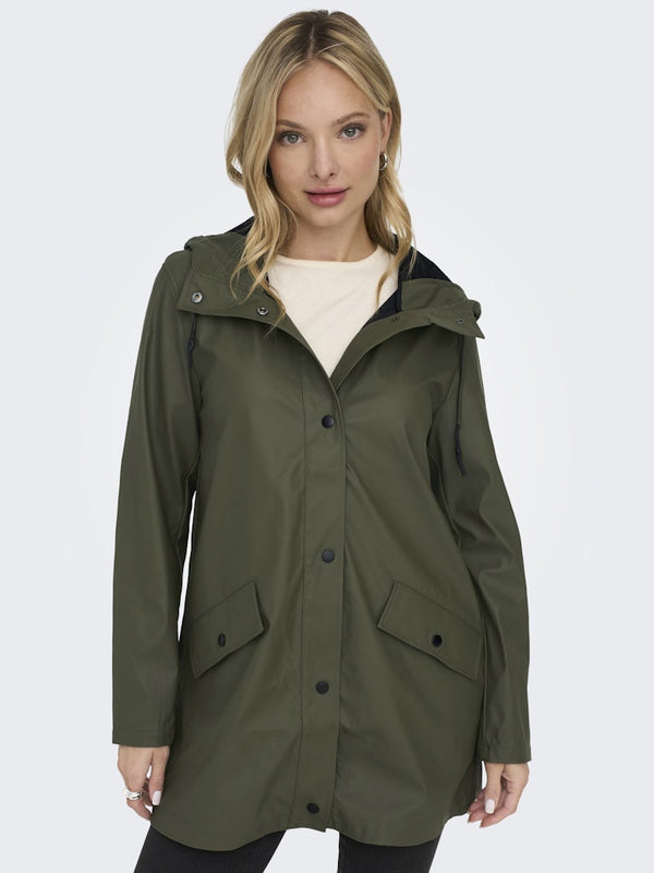 ONLY ONLELISA Water Repellent Hooded Raincoat in Kalamata Green – Recycled Polyester