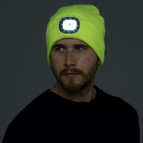 Adults Neon Yellow LED Hat GL622 | High-Visibility Winter Beanie - Borderland Muff