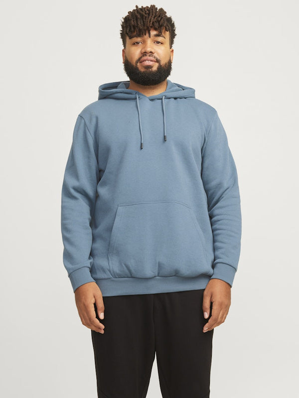 Jack & Jones JJEBRADLEY Plus Size Hoodie in Goblin Blue – men’s relaxed fit sweatshirt with hood and kangaroo pocket