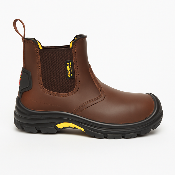 Boss Kids Slip-On Safety Work Boots - Brown Leather - Borderland Muff