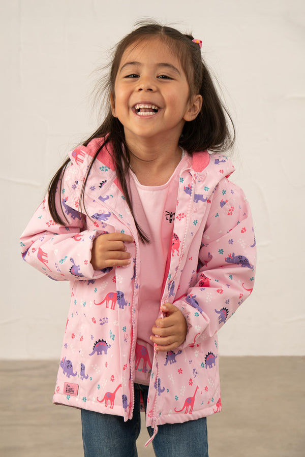 Lighthouse Girls Freya Waterproof Jacket – Pink Dino or Blue Garden Print - Borderland Muff