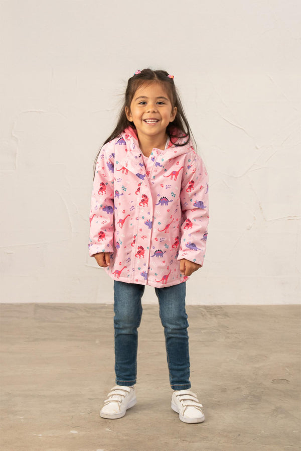 Lighthouse Girls Freya Waterproof Jacket – Pink Dino or Blue Garden Print - Borderland Muff