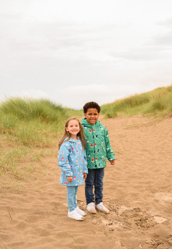 Lighthouse Girls Freya Waterproof Jacket – Pink Dino or Blue Garden Print - Borderland Muff