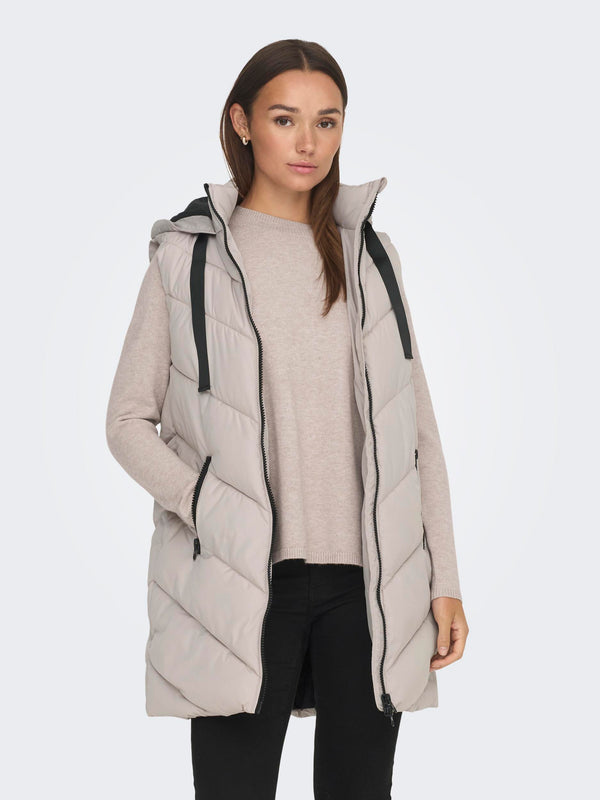 JDY Ladies Skylar long Hooded Bodywarmer -GREY