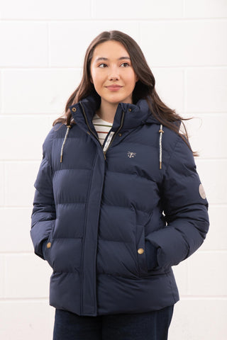 Ladies Lighthouse Margot Short Padded Jacket in Navy – recycled polyester, detachable hood jacket