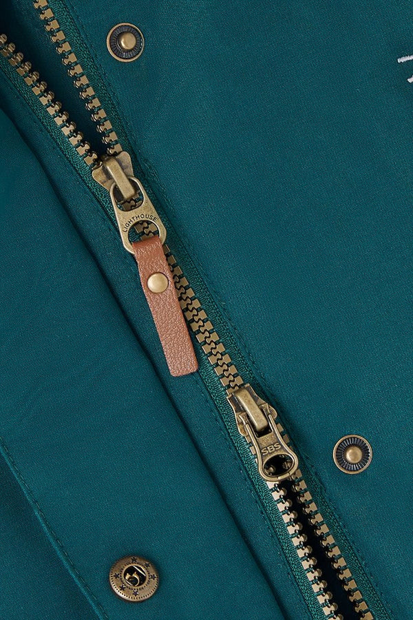 zip detail of Lighthouse Scarlet ladies coat with detachable hood in pine