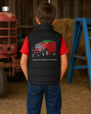Back view of a boys black farm gilet with red tractor embroidery and matching red T-shirt.