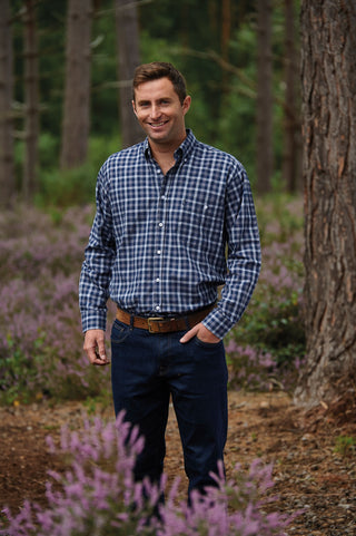 Champion Southwold navy check shirt front view - Borderland Muff