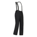 Side view of black Dare2b Achieve III ski trousers with adjustable braces and reinforced lower legs
