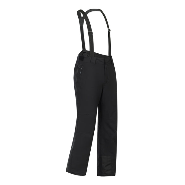 Side view of black Dare2b Achieve III ski trousers with adjustable braces and reinforced lower legs
