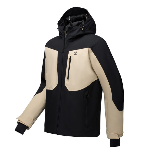 Dare2b Eagle IV Men's Ski Jacket in Pepper – Angled product view with hood and zipped chest pocket
