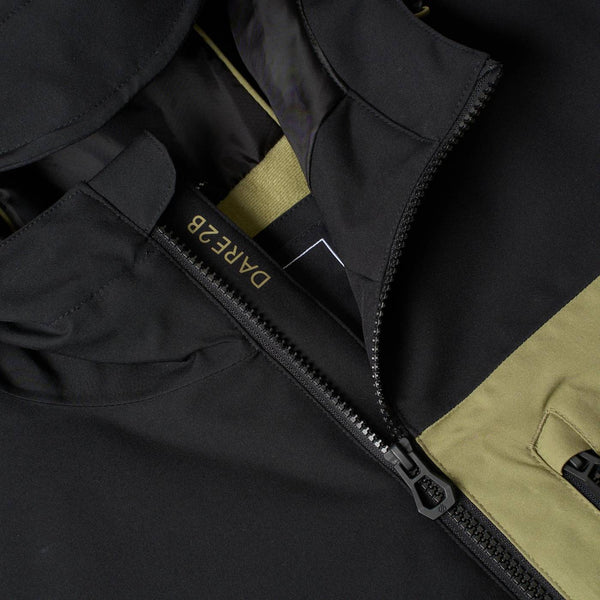 Dare2b Mens Halfpipe IV Olive ski jacket collar, front zip and lining detail
